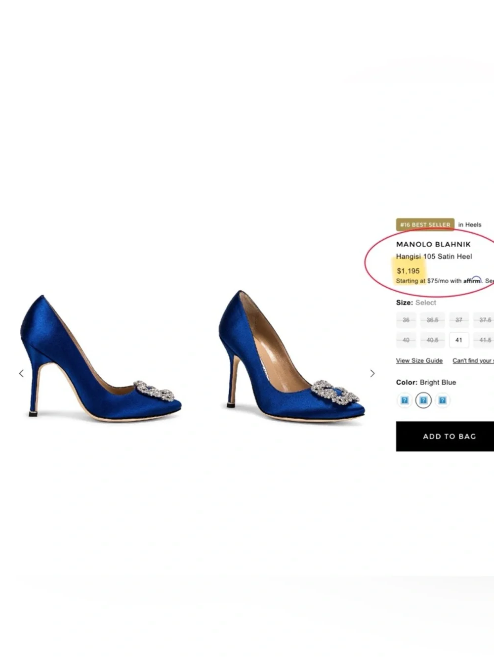 Manolo Blahnik Royal Blue Satin Pointed-Toe Crystal Buckle Pumps